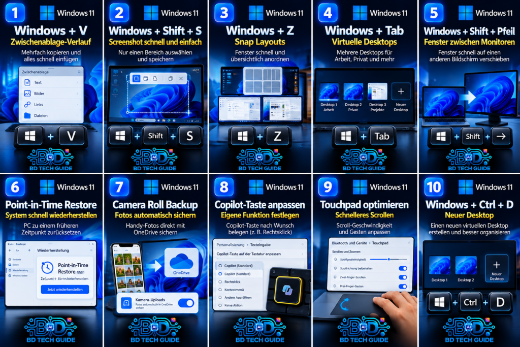 Übersicht mit 10 praktischen Windows 11 Tricks für Windows 11 von BD Tech Guide