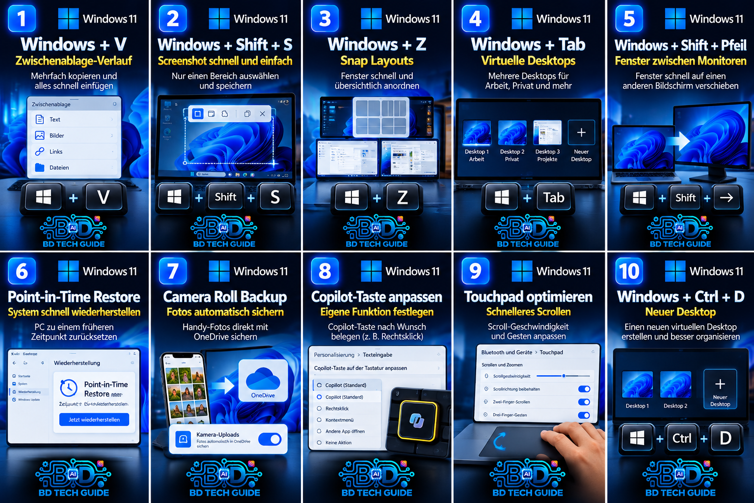 Übersicht mit 10 praktischen Windows 11 Tricks für Windows 11 von BD Tech Guide