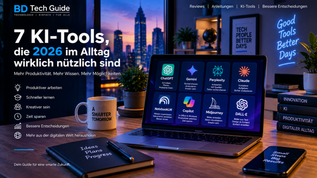 Sieben KI-Tools für Alltag und Arbeit im Jahr 2026 – moderner KI-Arbeitsplatz