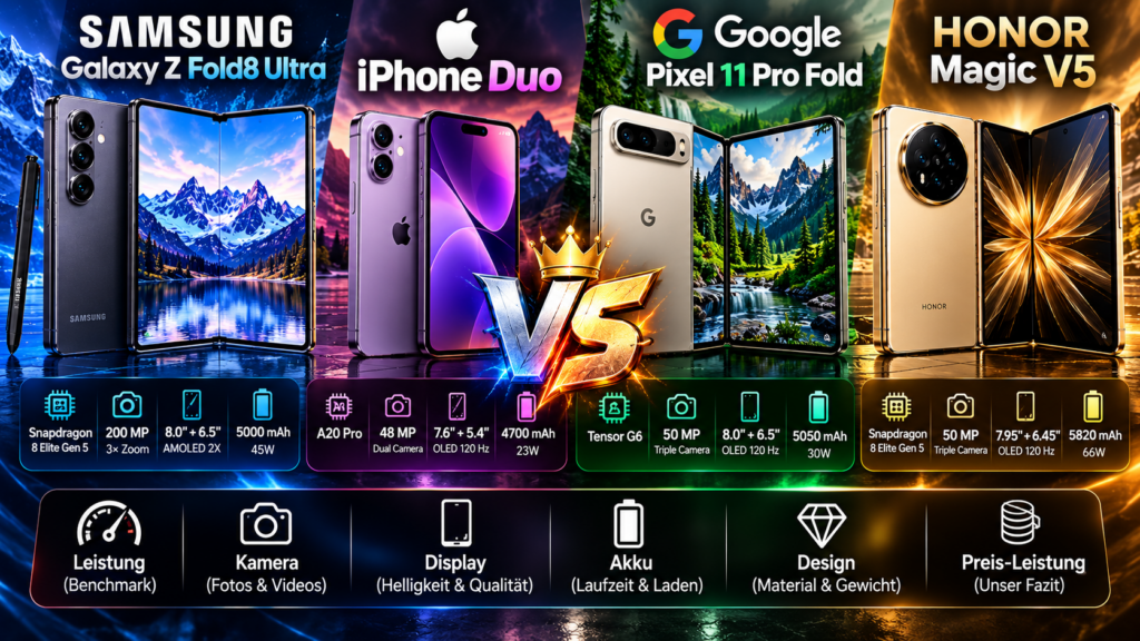 Vier faltbare Smartphones 2026 im Vergleich: iPhone Duo, Galaxy Z Fold8 Ultra, Pixel 11 Pro Fold und HONOR Magic V5