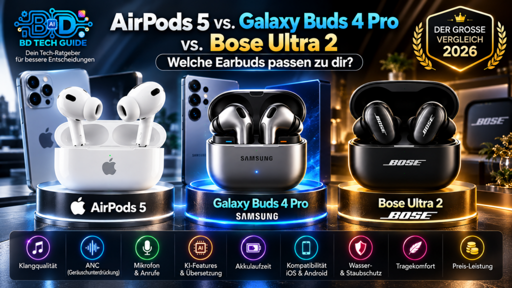 AirPods 5, Galaxy Buds 4 Pro und Bose Ultra 2 im Vergleich 2026