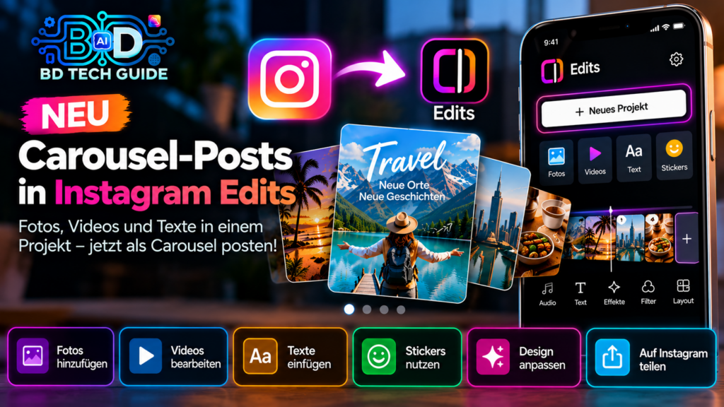Instagram Edits App zur Erstellung von Carousel-Posts mit Fotos, Videos und Texten